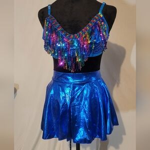 Sexy Blue Metallic Set With Sequin Fringe Top And Matching Skirt, XXL